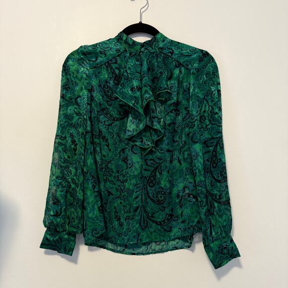 NWT Zara Green Paisley Ruffled Neck  Jacquared Long Sleeve Blouse Size XS - Picture 12 of 12